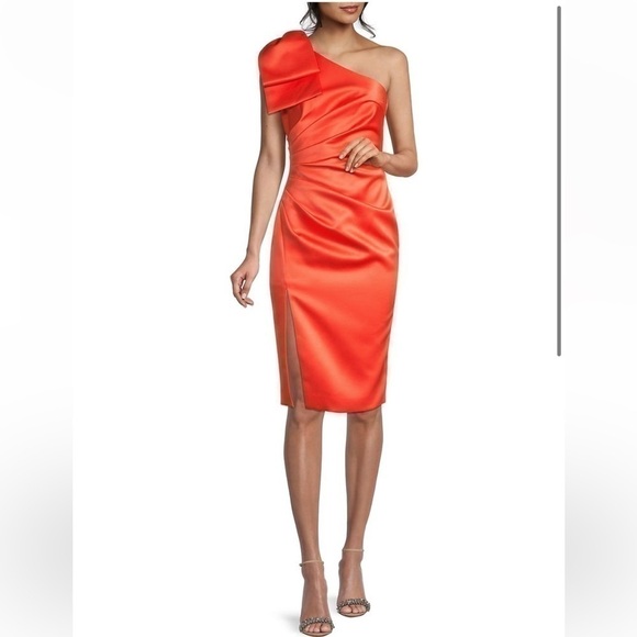 LAVISH Alice Bow-Shoulder Satin Midi-Dress In Coral Red - Picture 2 of 7
